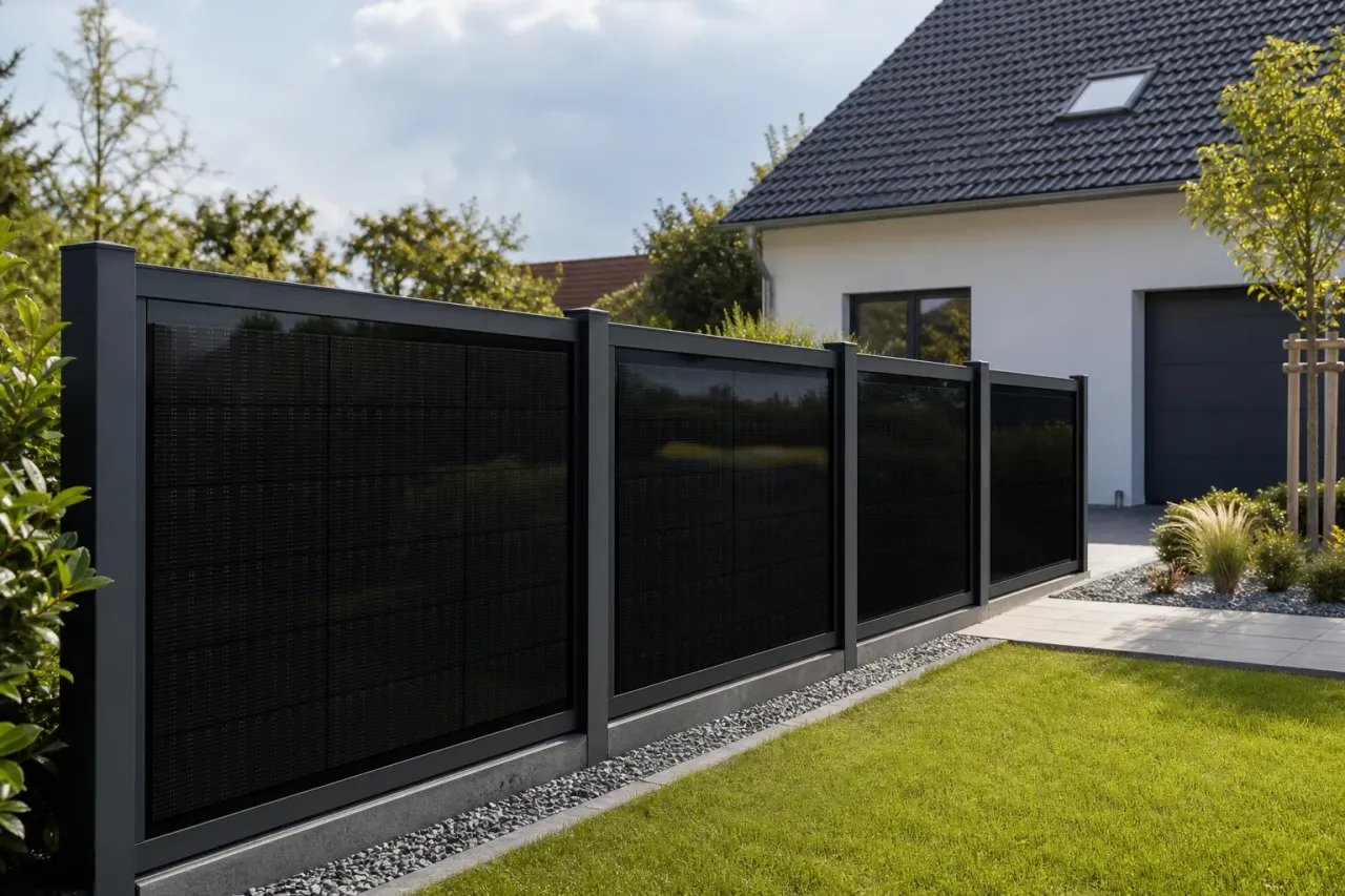 Visualisierung: PV-Zaun als Grundstücksgrenze an einem Wohnhaus
